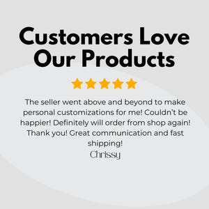 May include: A graphic with the text "Customers Love Our Products" in black. Below the text are five gold stars. The text below the stars is a customer review.