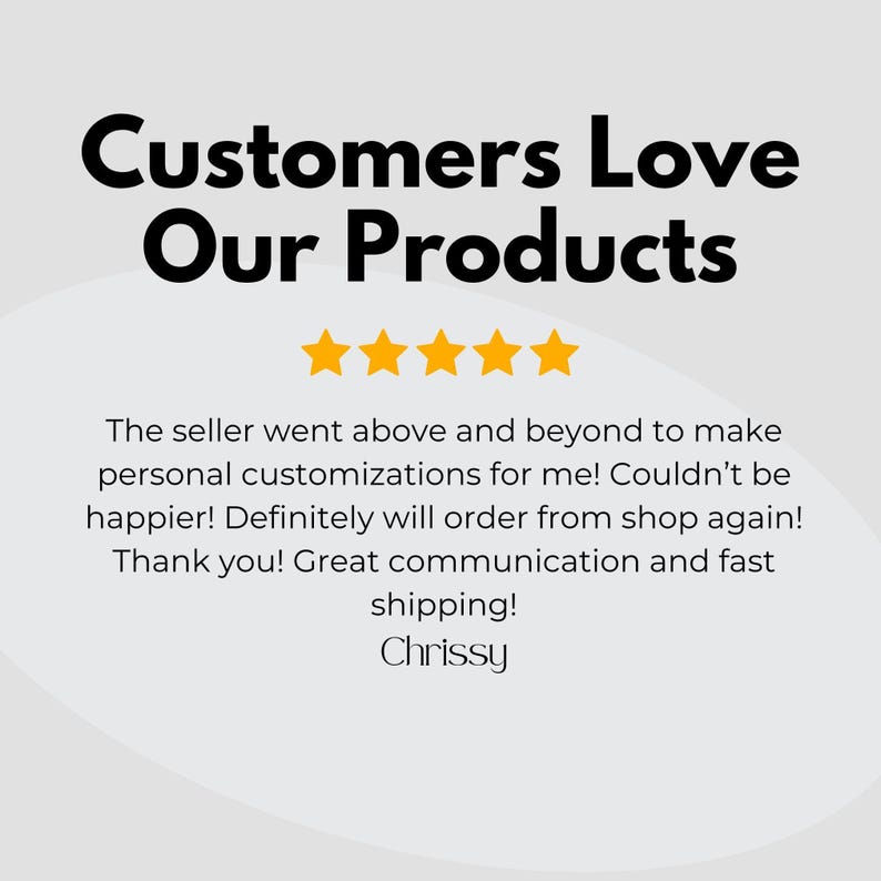 May include: A graphic with the text "Customers Love Our Products" in black. Below the text are five gold stars. The text below the stars is a customer review.