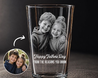 Custom Father's Day Gift For Dad From Kids, Personalized Engraved Kid Photo Pint Glass, Custom Gift for Dad and Husband, Gift For Him