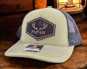 Personalized Papaw Hat Leather Patch Hat, Richardson 112 Trucker Cap, Hunting Grandpa Gift, Antler Cap For Papaw, Hunter Hat For Him