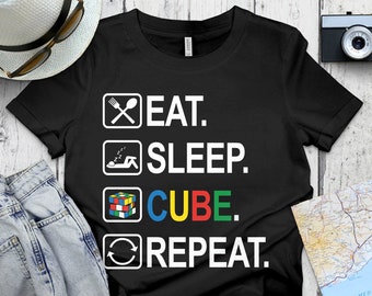 Rubiks Cube Costume Gifts, Rubik&#39;s Solve Lover Birthday Present Shirts, Eat Sleep Cube Repeat Funny Competitive Puzzle Speedcubing T-Shirt