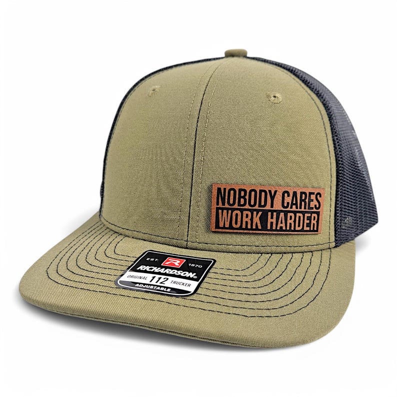 Nobody Cares Work Harder Hat, Motivational Leather Patch Trucker Hat, Hustle Gift, Fitness Mindset Hat for Men, Richardson 112 Snapback image 2