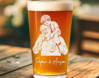 Personalized Father's Day Gift For Grandpa, Engraved Papaw Photo With Grandkis Pint Glass, Grandpa Announcement Gift, New Grandpa Gift