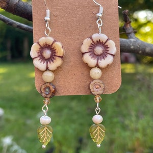 Brown and beige Czech glass earrings triple drop