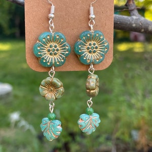 Multiple teal colored Czech glass earrings triple drop