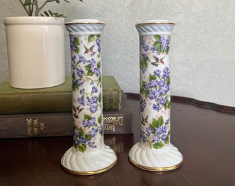 Two Vintage Ceramic Floral Candle Sticks w/ Gold Detailing - Flowers & Hummingbirds