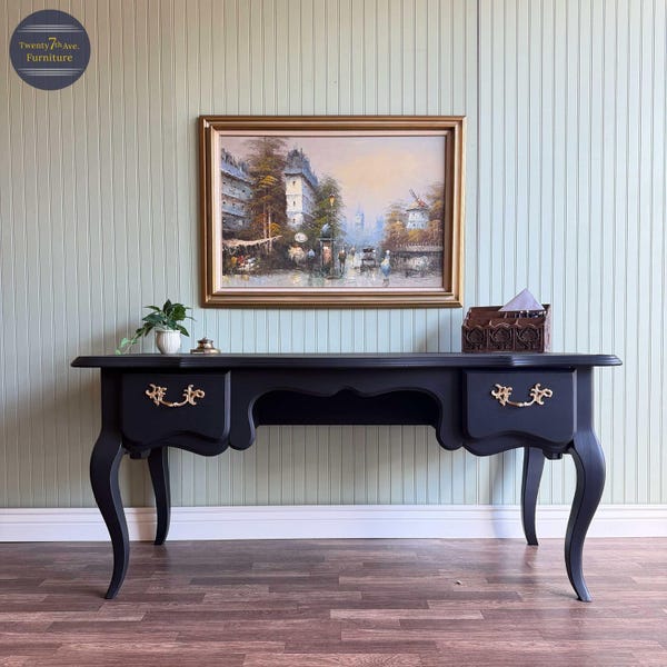 Black Antique French Writing/Office Desk | Gold Hardware | 2 Drawer | Restored Furniture