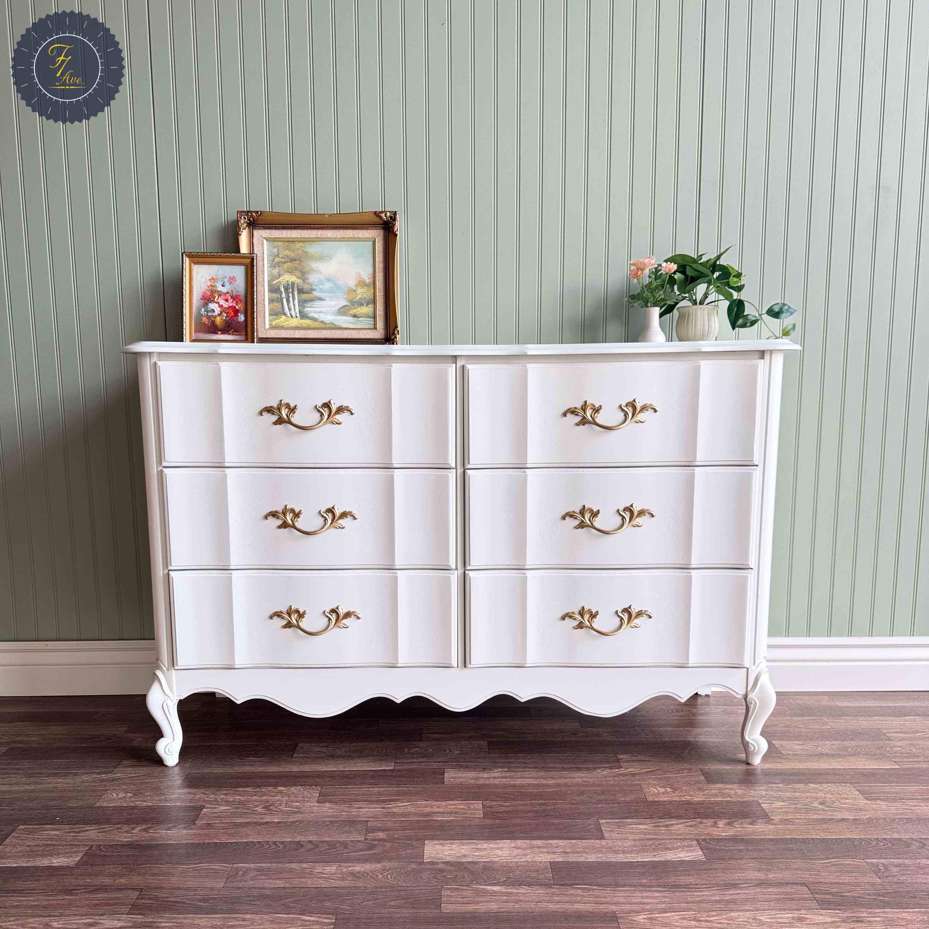White Vintage French Provincial Dresser | Gold Hardware | 6 Drawer | Restored Furniture