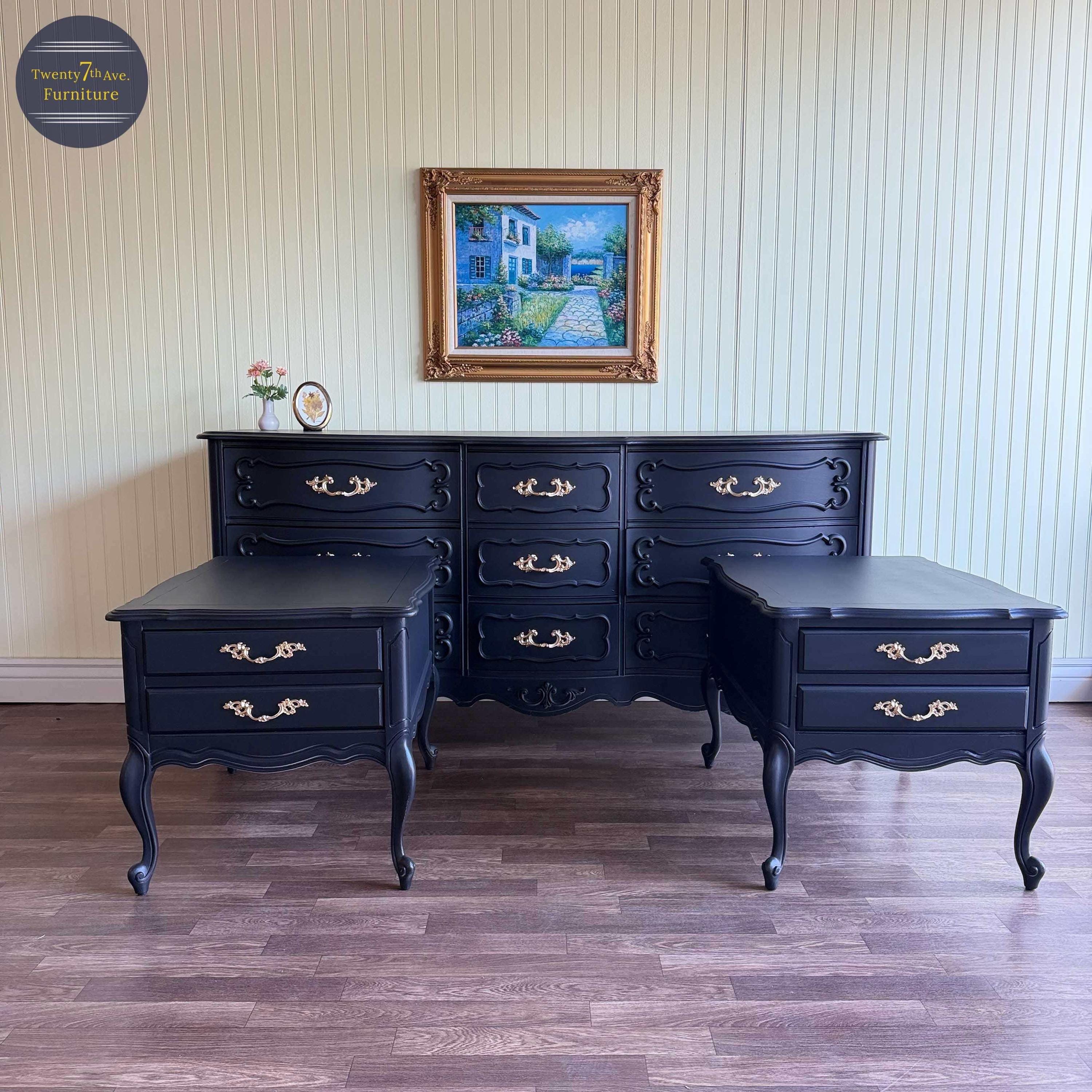 french provincial black dresser Vintage Set | Gold Hardware | 9 Drawer Dresser + 2 Drawer Nightstands WA Unavailable ️ sequin sash Shop Women's Black Dress Size:UK 4