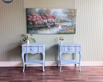 Light Blue Vintage French Provincial Pair of Nightstands | Silver Hardware | 1 Drawer | Restored Furniture