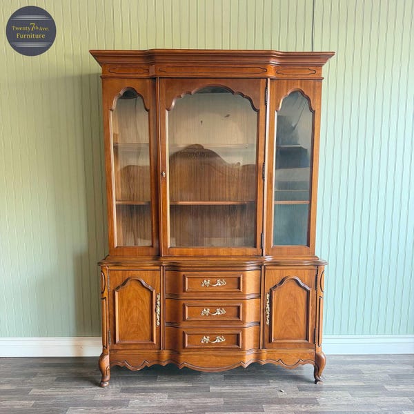 Mahogany Vintage French Provincial Hutch / China Cabinet | Gold Hardware | 3 Drawer + 2 Interior Compartmets | Restored Furniture