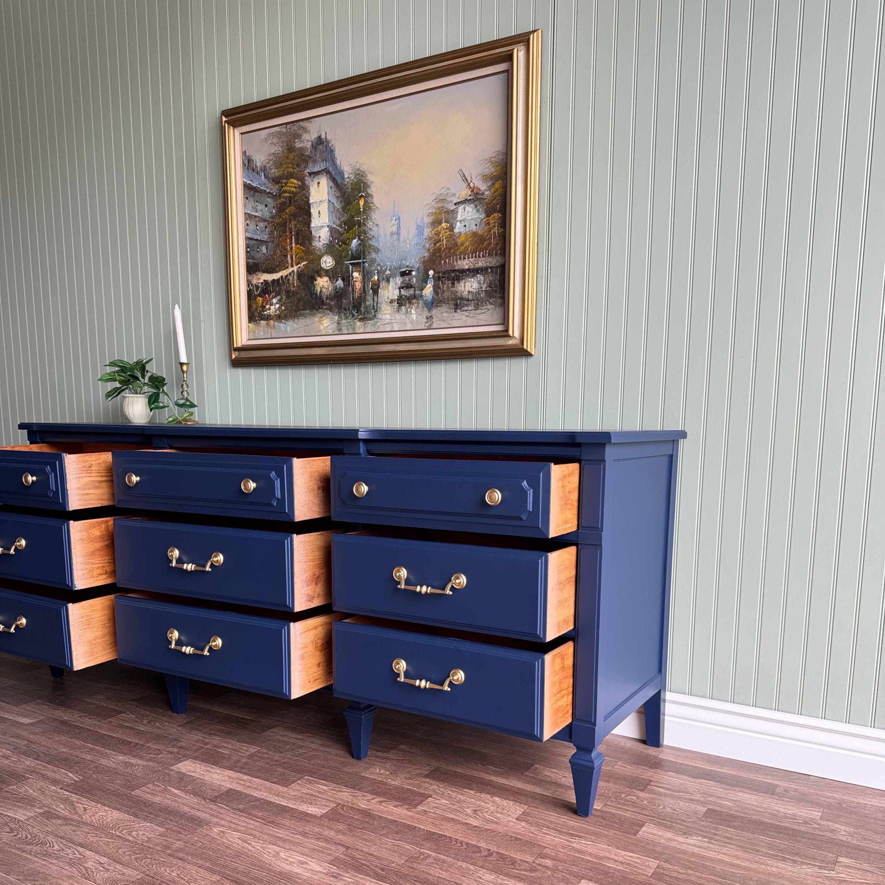 navy blue dresser set Blue Vintage Mid-century Modern Dresser Set | Gold Hardware & Detail | 9 Drawer Dresser + 1 Drawer Nightstand | Restored Furniture