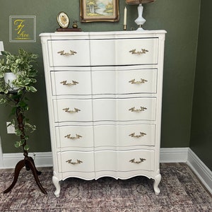 Classic Vintage White & Brass French Provincial Chest of Drawers