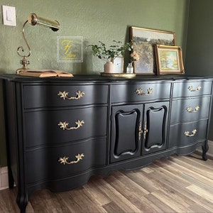 Incredible Vintage Black & Brass French Provincial Dresser Set