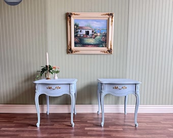 Baby Blue Vintage French Provincial Pair of Nightstands | Gold Hardware | 1 Drawer | Restored Furniture