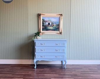 Light Blue Vintage French Provincial Buffet | Silver Hardware | 3 Drawers | Restored Furniture