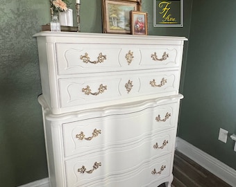 Feminine Vintage White & Brass French Provincial Chest of Drawers