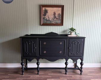 Black Vintage Victorian Buffet/Server | Rustic Hardware | 2 Drawer + 2 Compartment Storage | Restored Furniture