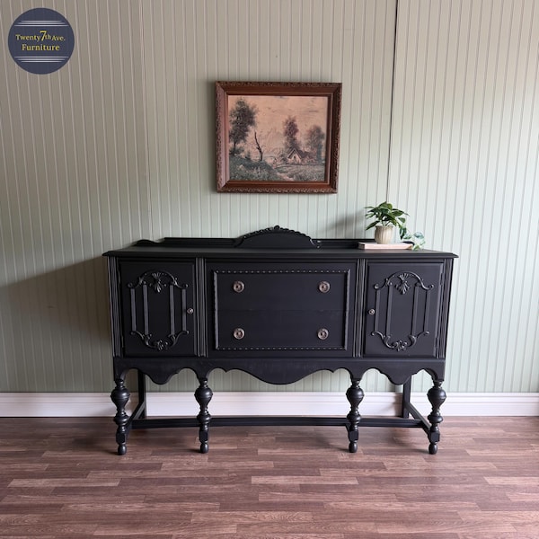 Black Vintage Victorian Buffet/Server | Rustic Hardware | 2 Drawer + 2 Compartment Storage | Restored Furniture