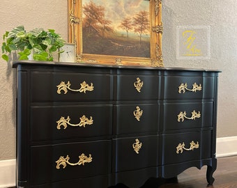 Elegant Vintage Black & Brass French Provincial Dresser