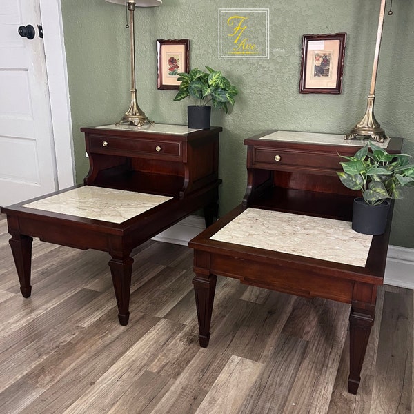 RARE Vintage Mahogany Marble Inlay MCM  End Tables