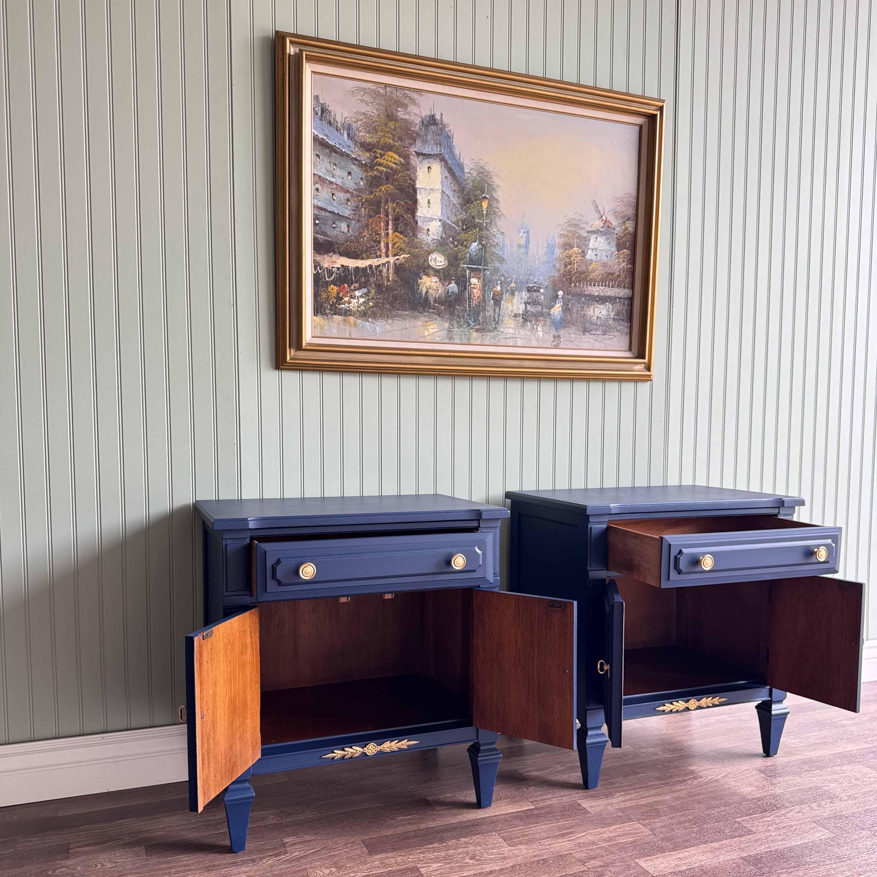 blue mid century modern dresser Blue Vintage Mid-century Modern Dresser Set | Gold Hardware & Detail | 9 Drawer Dresser + 1 Drawer Nightstand | Restored Furniture