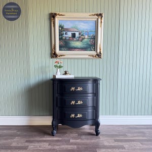 Black Vintage French Provincial Nightstand | Gold Hardware | 3 Drawer | Restored Furniture