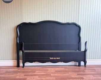 Black Vintage French Provincial Full Sized Bedframe with Gold Detail | Restored Furniture