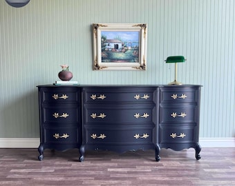 Black Vintage  French Provincial Dresser | Gold Hardware | 9 Drawer | Restored Furniture