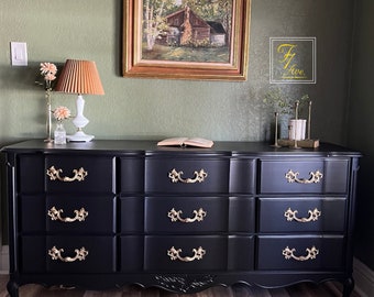 Stunning Vintage Black & Brass French Provincial Dresser