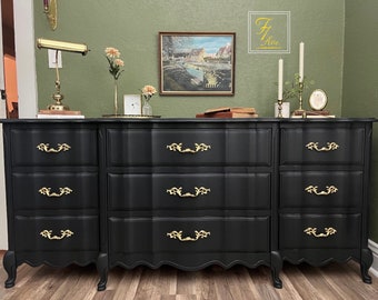 Elegant Vintage Black & Brass French Provincial Dresser