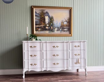 White Vintage French Provincial Dresser | Gold Hardware | 9 Drawer | Dixie | Restored Furniture