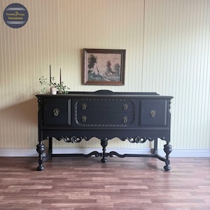 Black Vintage Victorian Buffet/Server | Rustic Hardware | 3 Drawer + 2 Compartment Storage | Restored Furniture