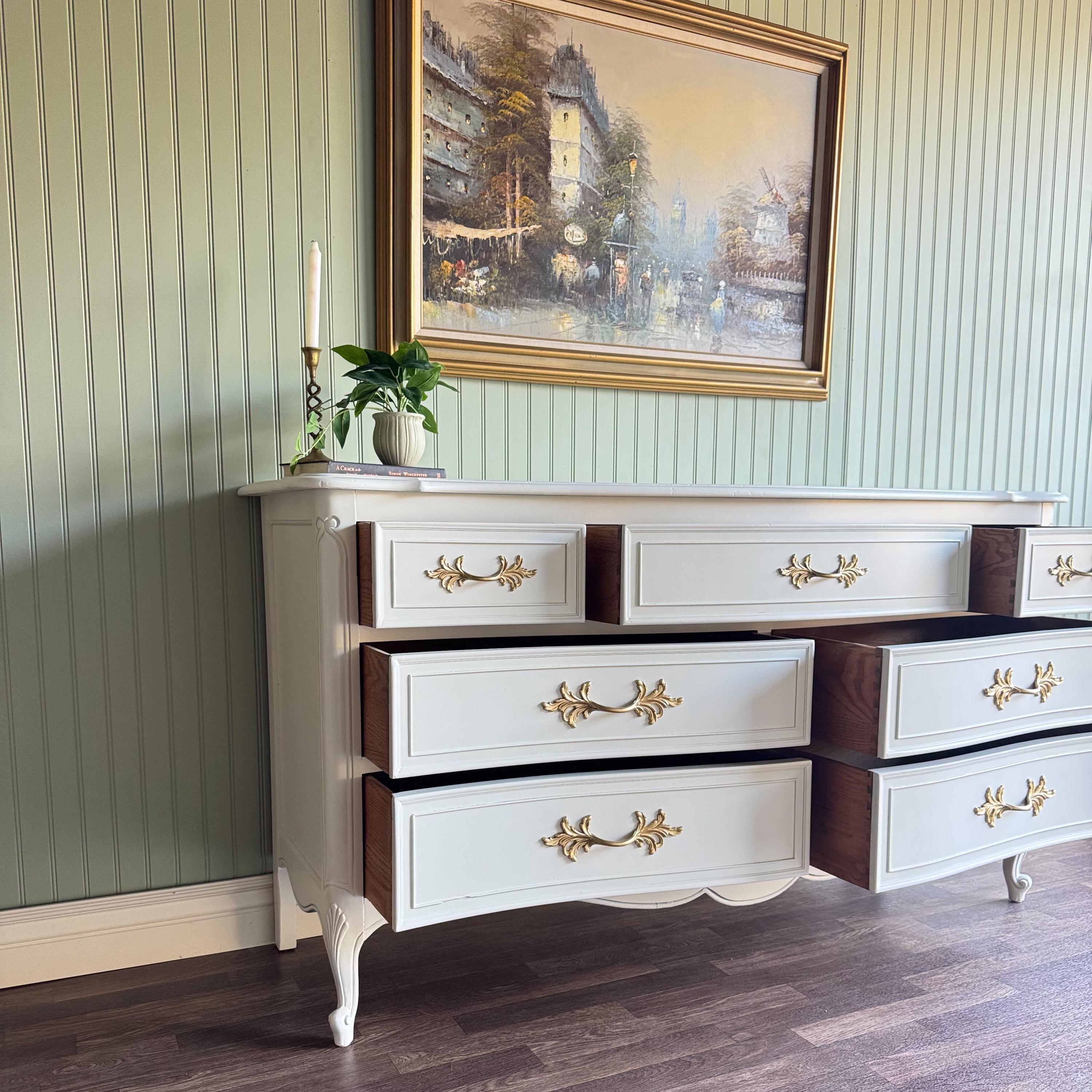 white and gold french provincial dresser White Vintage French Provincial Dresser | Gold Hardware | 7 Drawer | Dixie | Restored Furniture