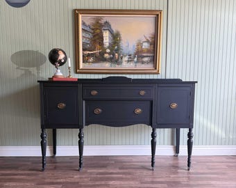 Black Vintage Victorian Buffet/Server | Rustic Hardware | 2 Drawer + 2 Compartment Storage | Restored Furniture