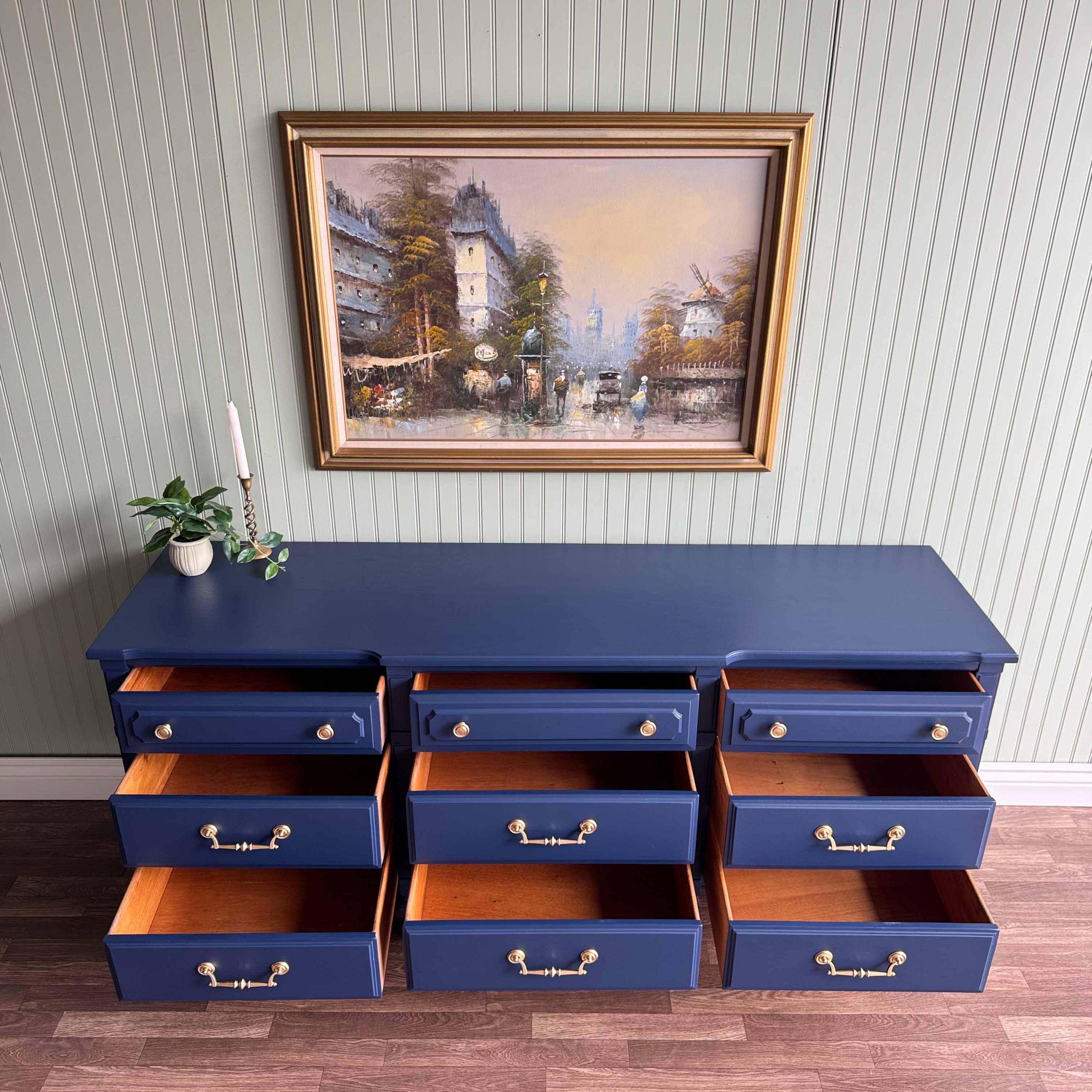 navy blue vintage dresser Campaign 6 Drawer Dresser, Navy Lacquer, Antique Brass