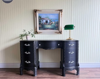 Black Vintage French Provincial Desk/Vanity | Silver Hardware | 7 Drawer | Restored Furniture