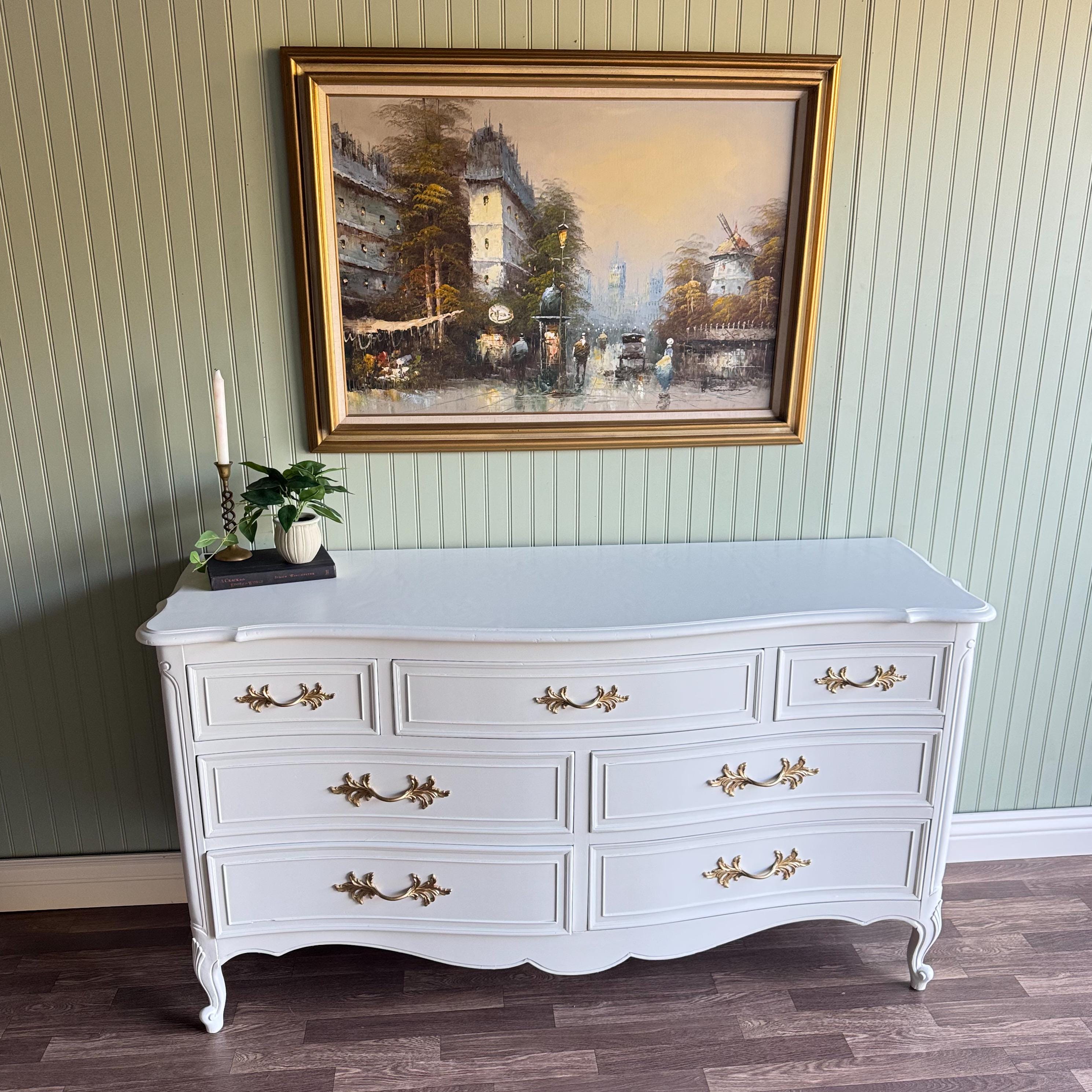 White Vintage French Provincial Dresser | Gold Hardware | 7 Drawer