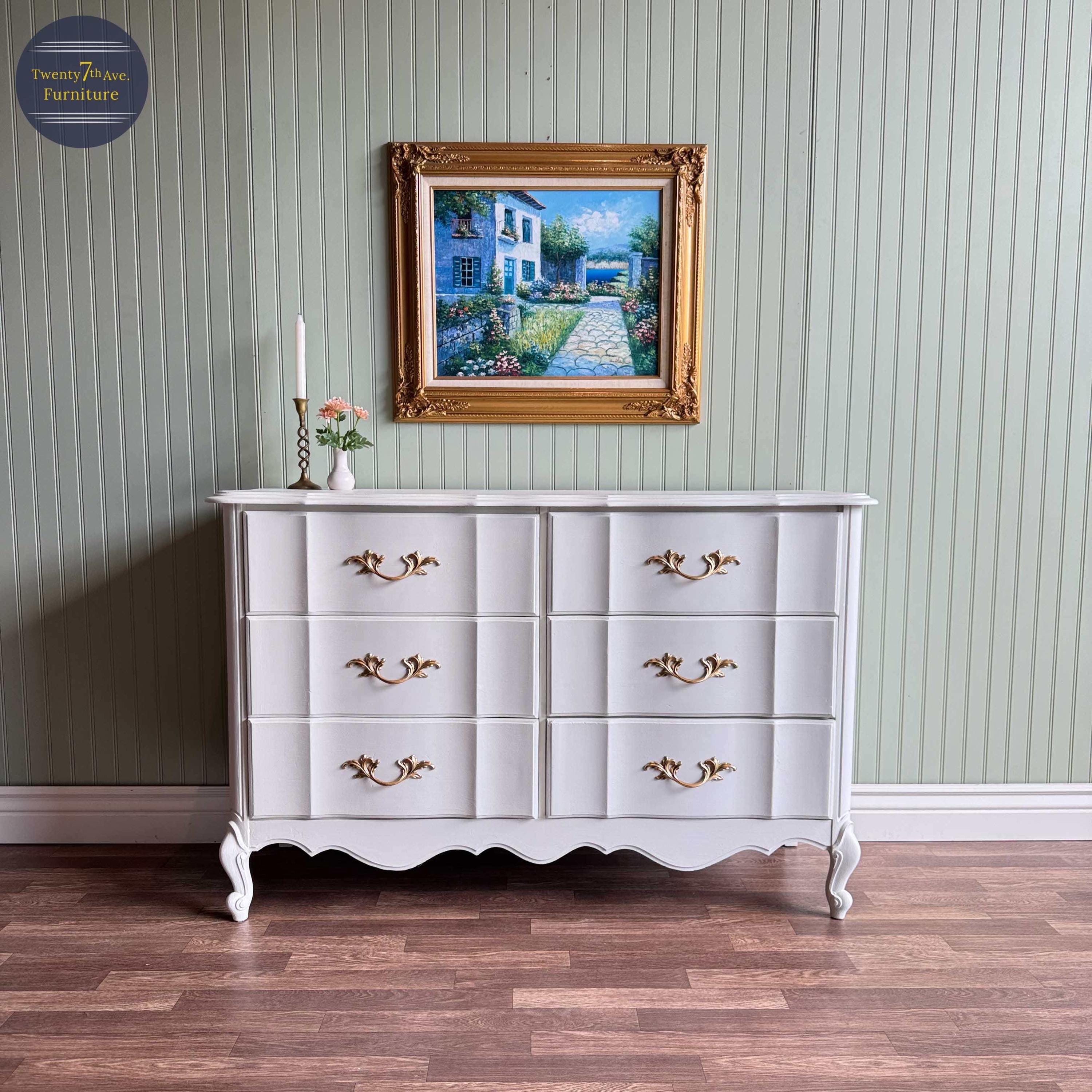 White Vintage French Provincial Dresser | Gold Hardware | 6 Drawer | Restored Furniture White Vintage French Provincial Dresser | Gold Hardware | 6 Drawer | Restored Furniture