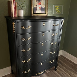 Luxurious Vintage Black & Brass French Provincial Chest of Drawers