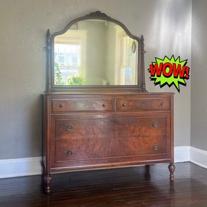 Remarkable Antique French Country Dresser with Aged Tilt Mirror Customizable - M.A. Guest Co.