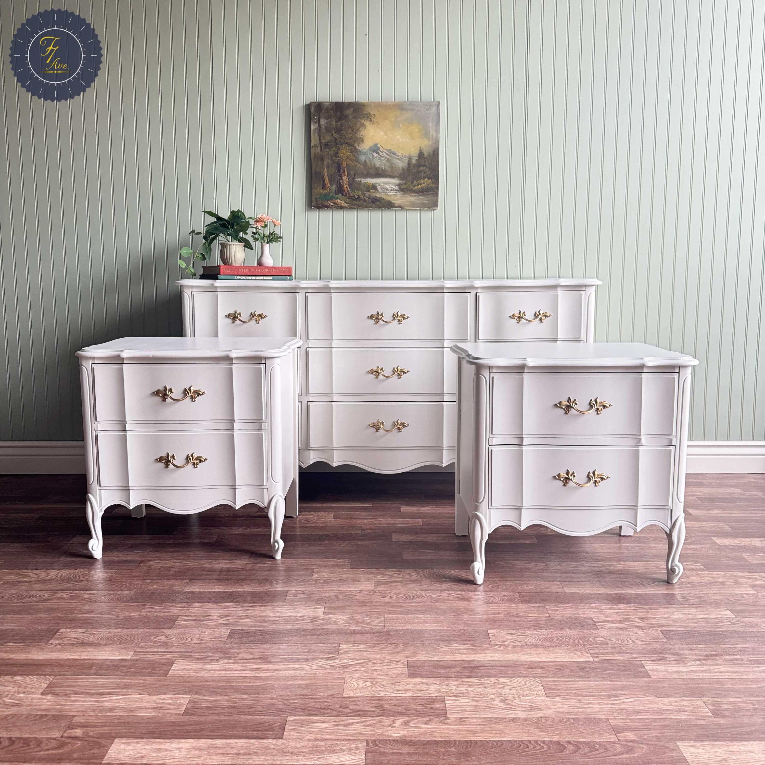 vintage white and gold dresser White Burl Laminate & Gold Framed Dresser & Mirror – Rehaus main image 0
