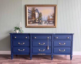 navy blue dresser and nightstand set Blue Vintage Mid-Century Modern Dresser Set | Gold Hardware & Detail | 9  Drawer Dresser + 1 Drawer Nightstand