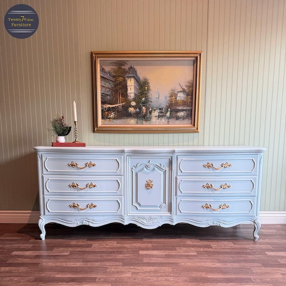 Light Blue Vintage French Provincial Dresser | Gold Hardware | 9 Drawer + 1 Interior Chest | Restored Furniture