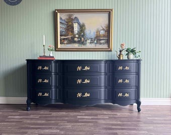 Black Vintage French Provincial Dresser | Gold Hardware | 9 Drawer | Restored Furniture