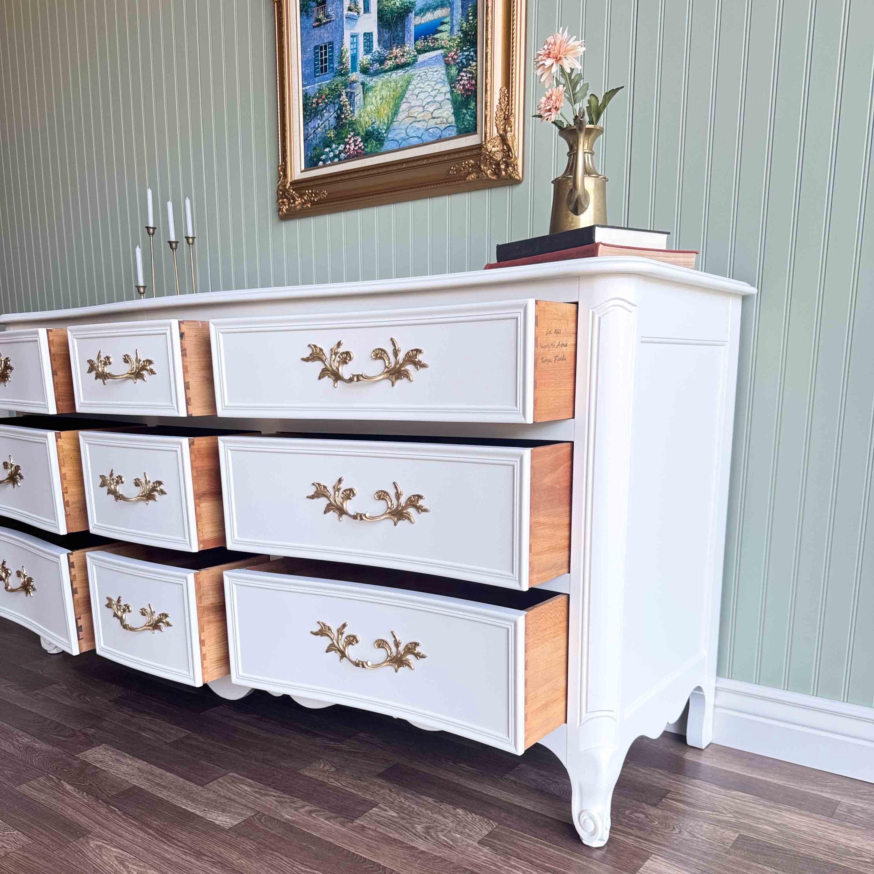White Vintage French Provincial Dresser | Gold Hardware | 9 Drawer | Kindel | Restored Furniture - Etsy White Vintage French Provincial Dresser | Gold Hardware | 9 Drawer | Kindel | Restored Furniture - Etsy