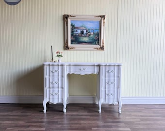 White Vintage French Provincial Desk/Vanity | White Hardware | 7 Drawer | Restored Furniture