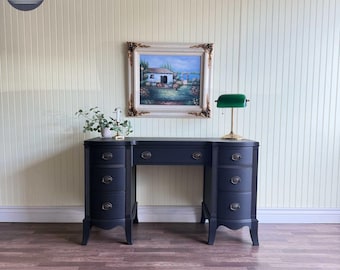 Black Vintage French Country Vanity/Desk | Rustic Hardware | 7 Drawer | Restored Furniture