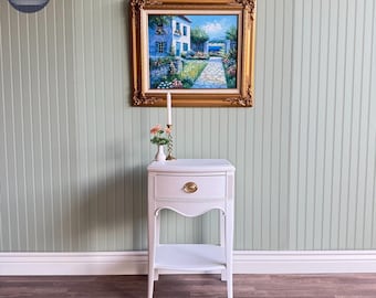 White Antique French Country Nightstand | Gold Hardware | 1 Drawer + 1 Shelf | Restored Furniture