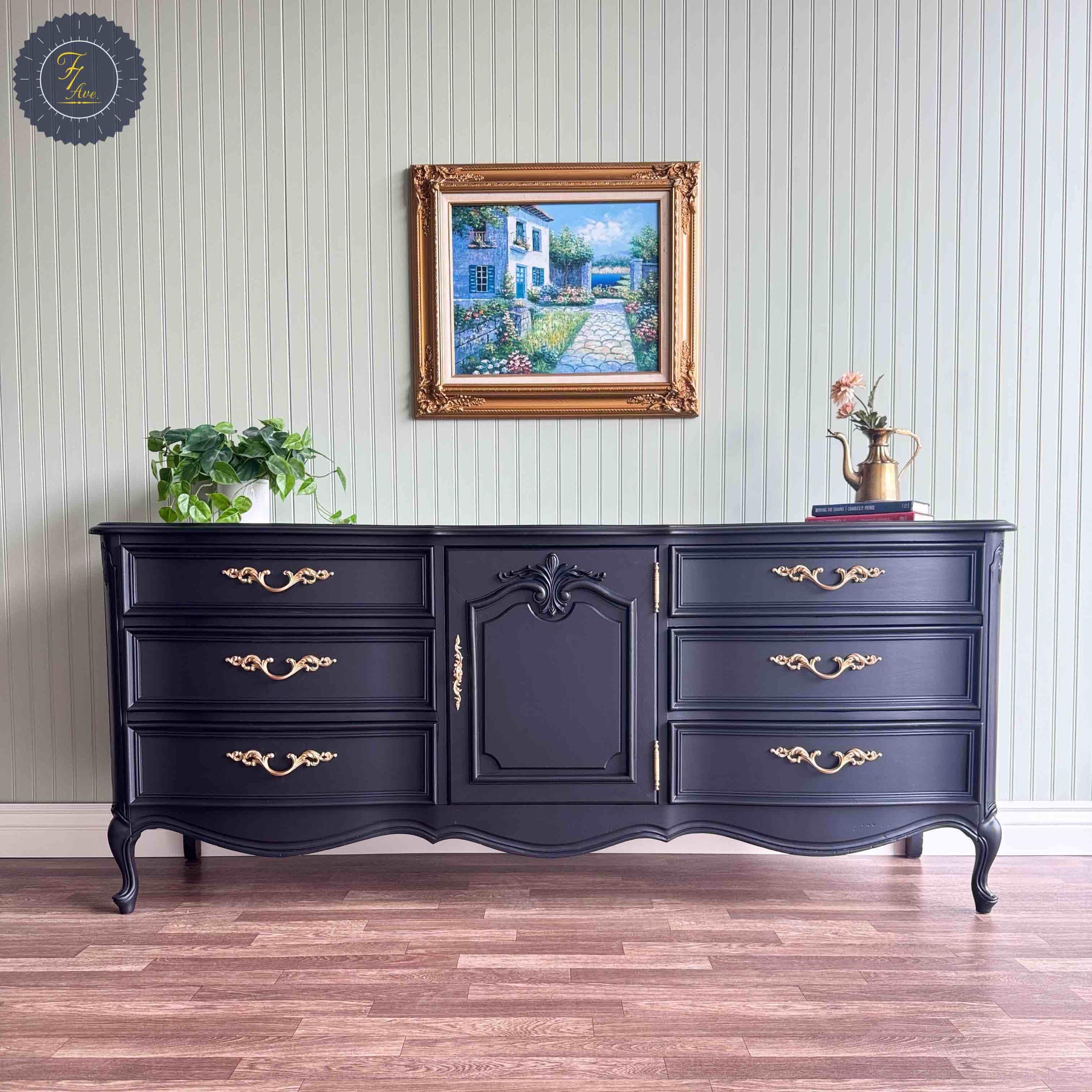 Black Vintage French Provincial Dresser | Gold Hardware | 9 Drawer